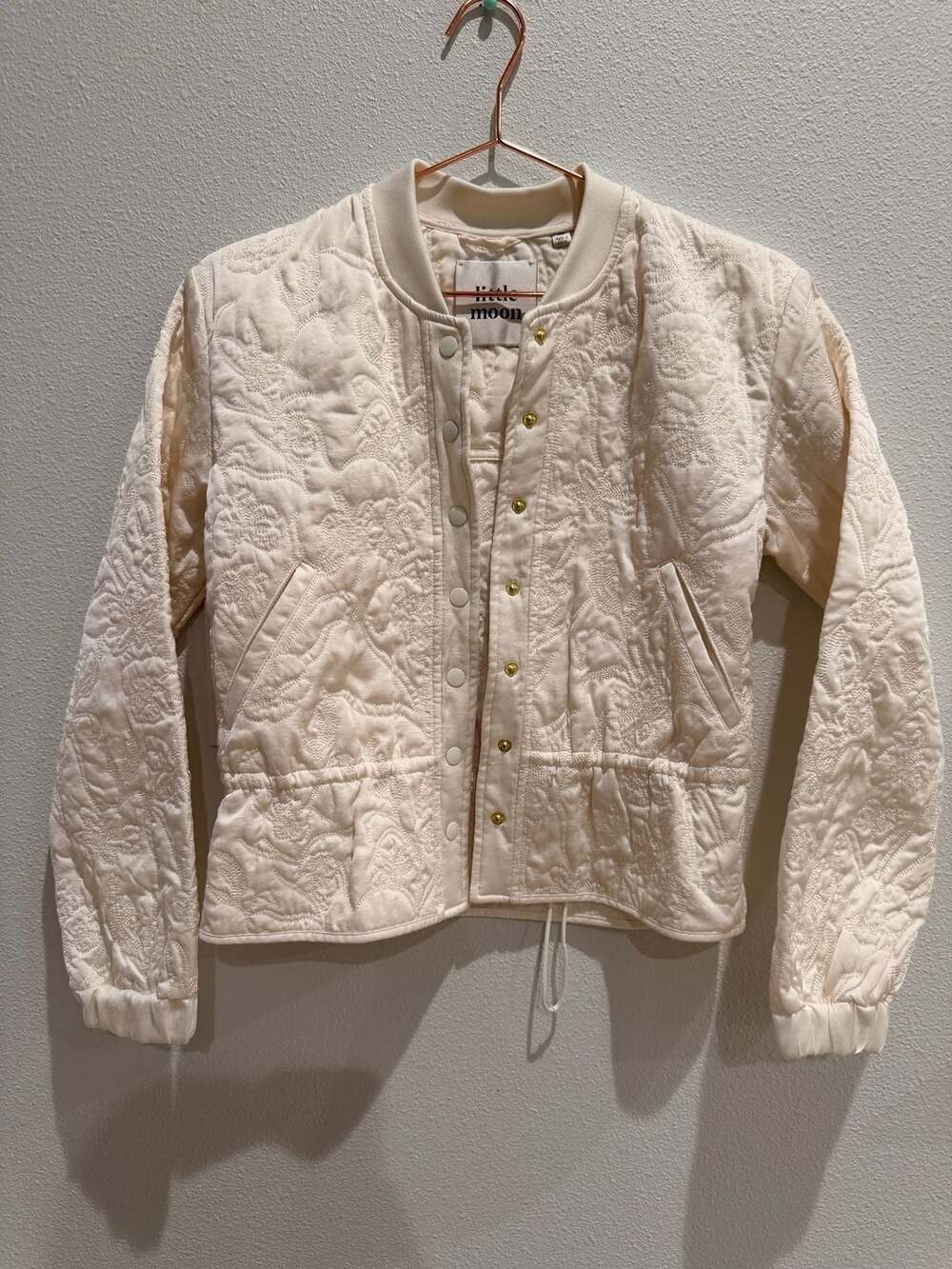 Little Moon Ivory Floral Embroidered Quilted Snap Bomber Jacket
